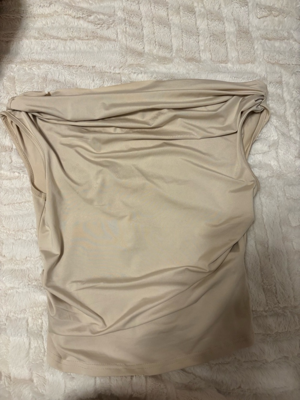 Beige Strapless Ruched Off Shoulder Top